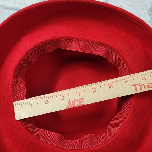 Red Wool Ladies Hat with Ribbon Trim & Feathers